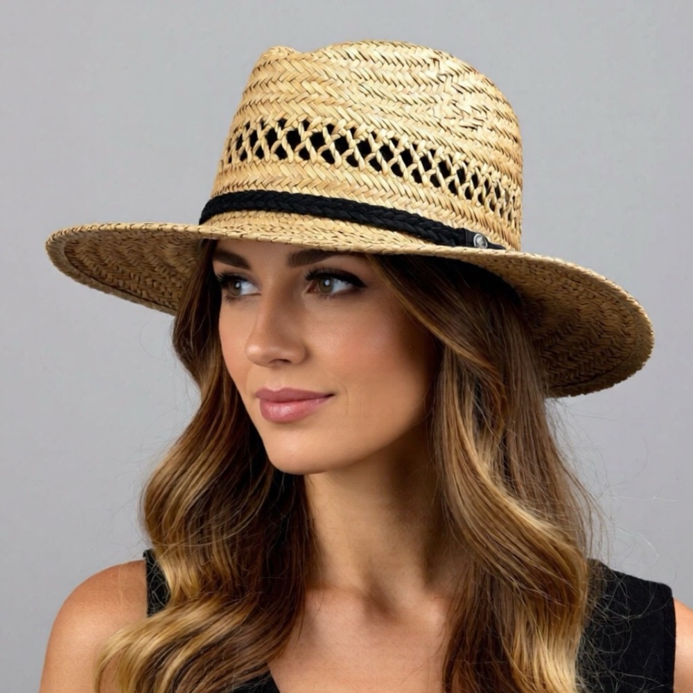 Gold Coast Stylish Straw Fedora Hat with Black Suede Band Size Large